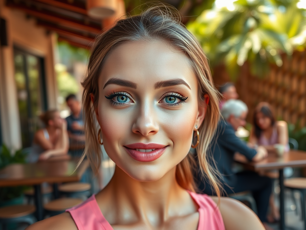 A smiling woman with blue eyes and blonde hair, sitting in a café with people in the background.