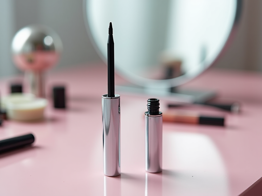 Eyeliner pen on a pink surface, with mirror and cosmetics in the background.