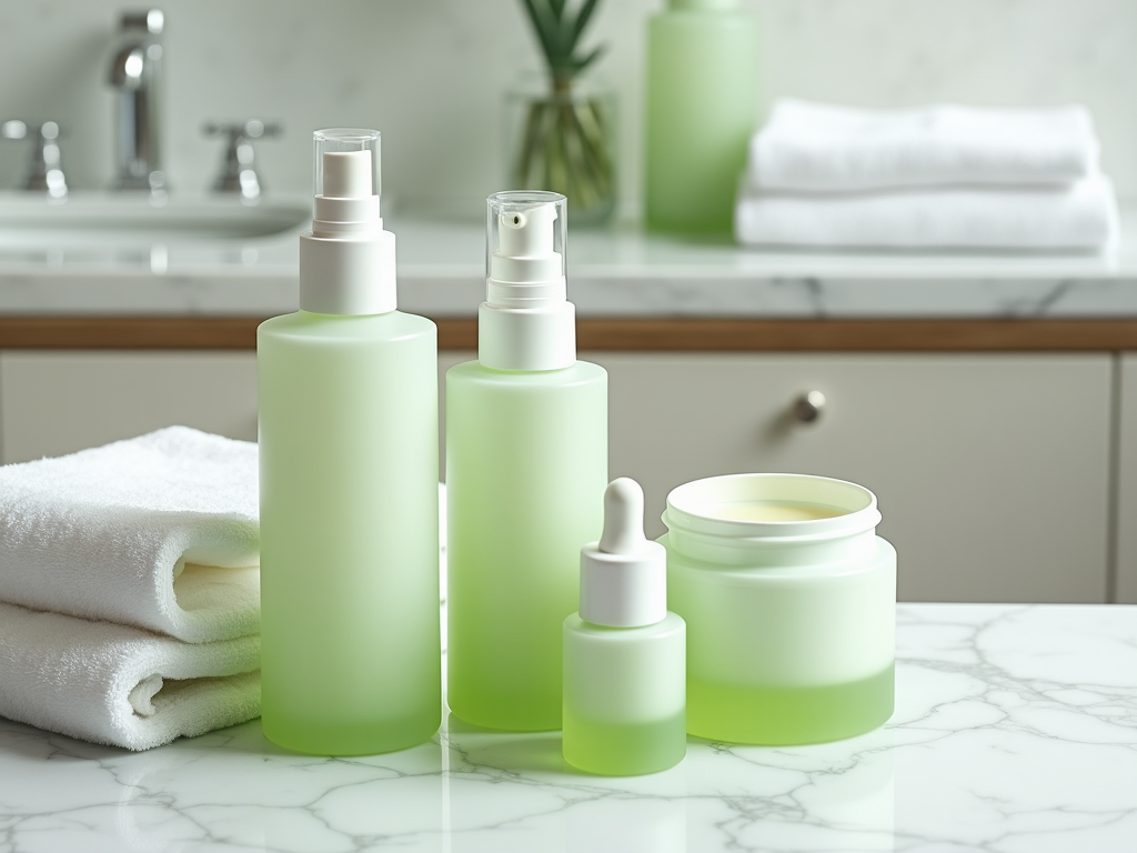 Skin care products on marble counter in bathroom with folded towel.