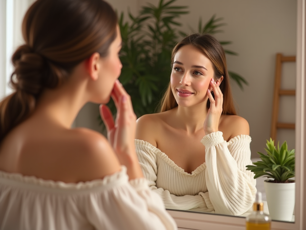 Woman in white top looking at her reflection and touching her face in a mirror.