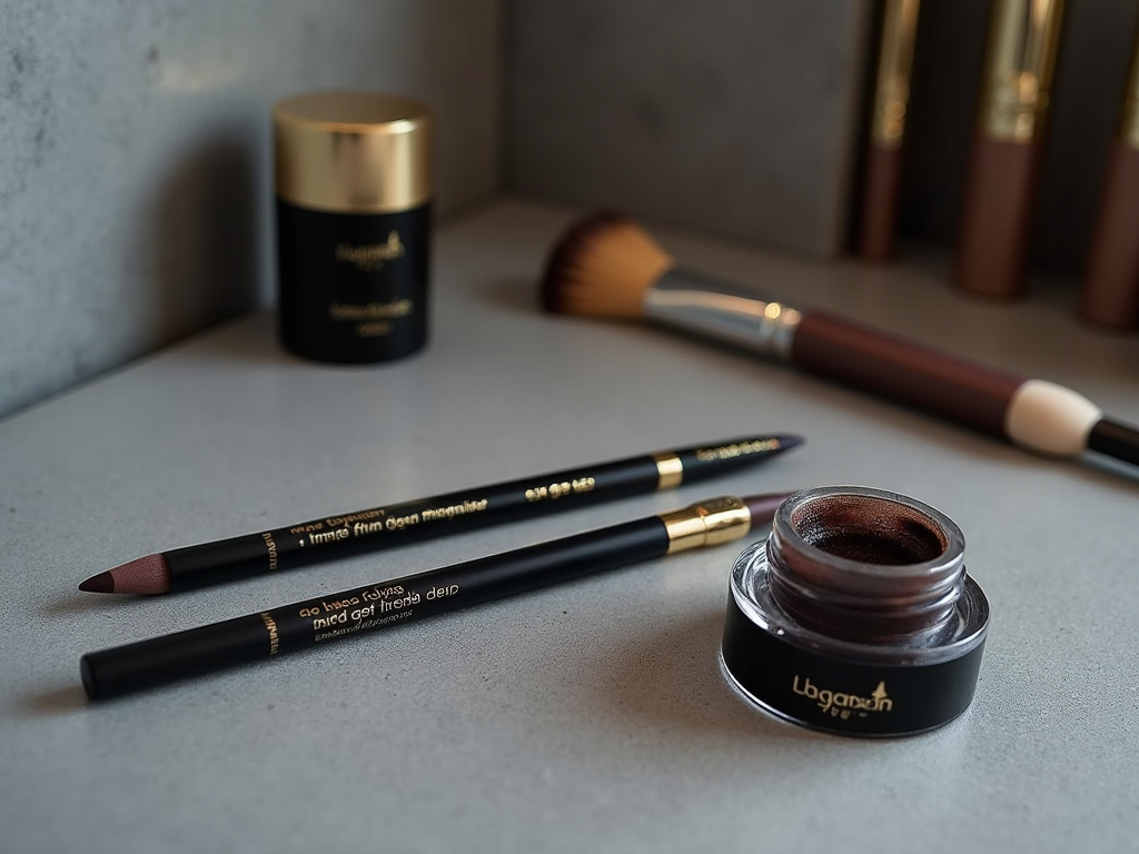 Assorted makeup products including pencils and a brush on a gray surface.