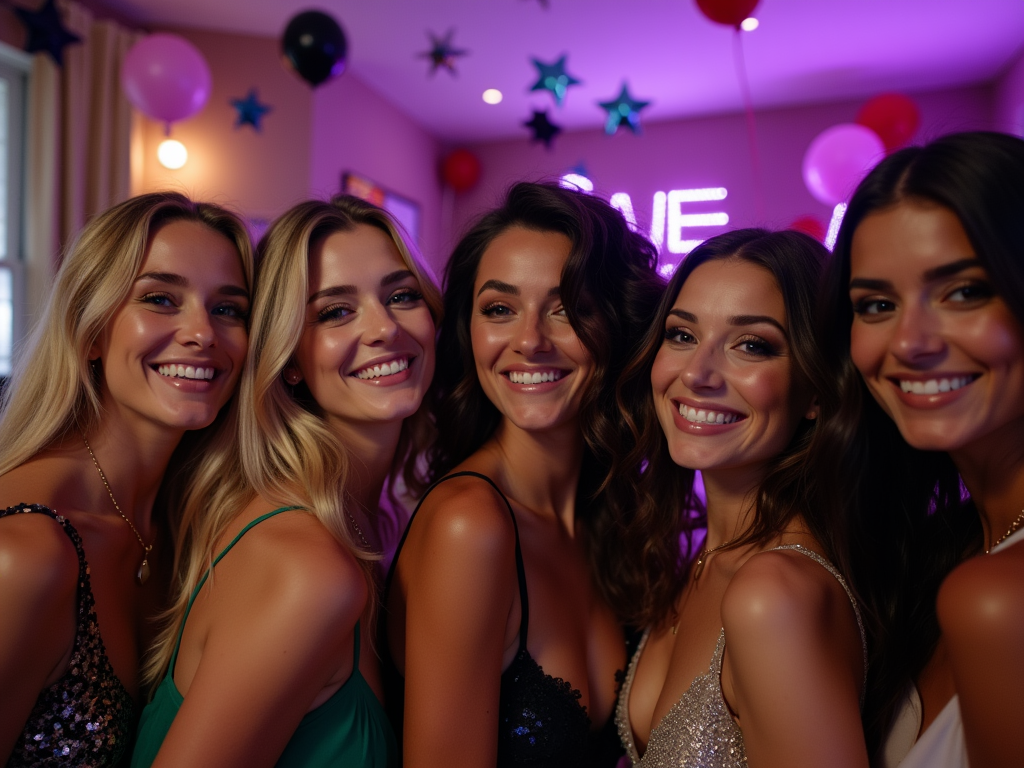 Five women smiling at a party with balloons and neon signs in the background.