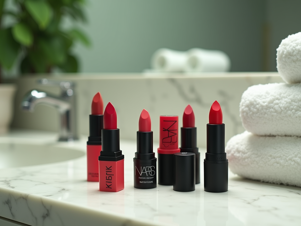 Assorted red lipsticks on a marble bathroom counter, beside stacks of white towels.