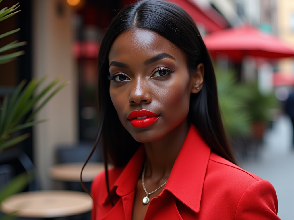 Portrait of a young woman in a red blazer outdoors, with elegant makeup and serene expression.