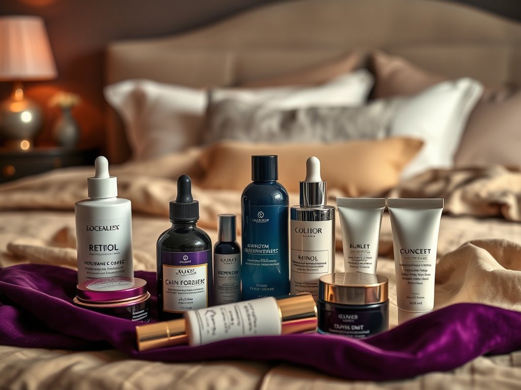 A collection of skincare products arranged on a bed with soft linens and a purple cloth.