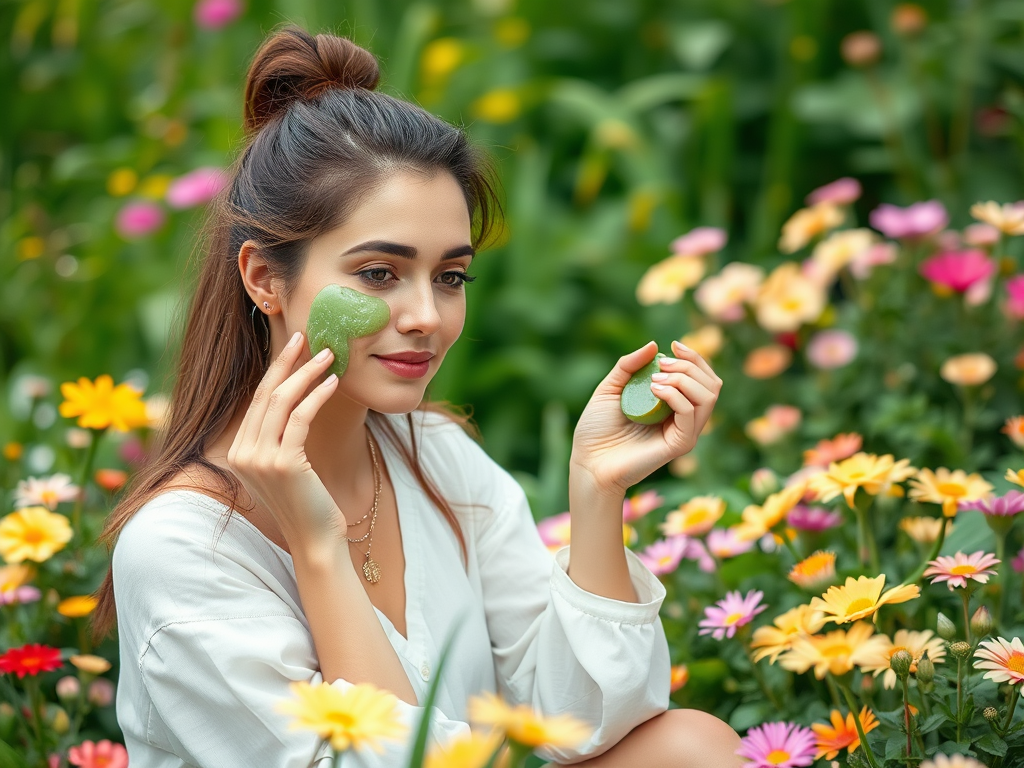 A young woman applies a green skincare product on her cheek while sitting amidst colorful flowers in a lush garden.