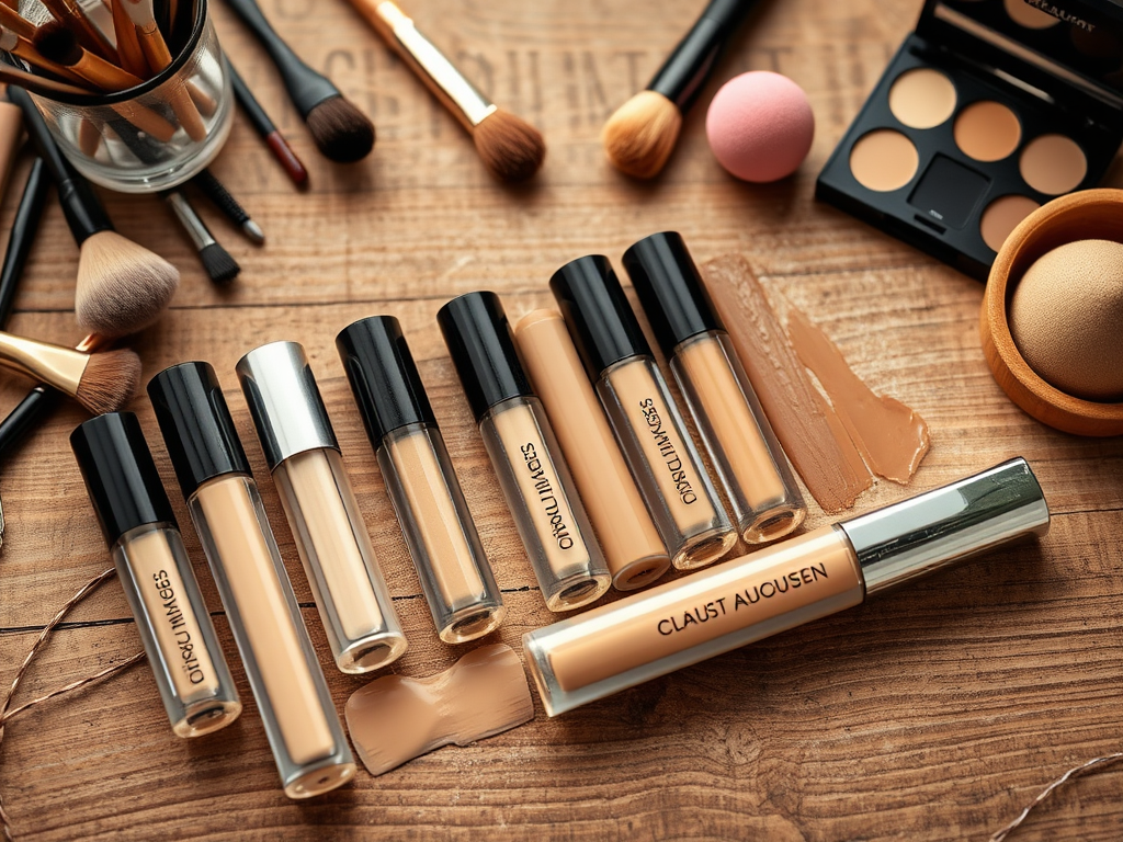 An array of concealers and makeup brushes displayed on a wooden surface, highlighting various skin tones and tools.