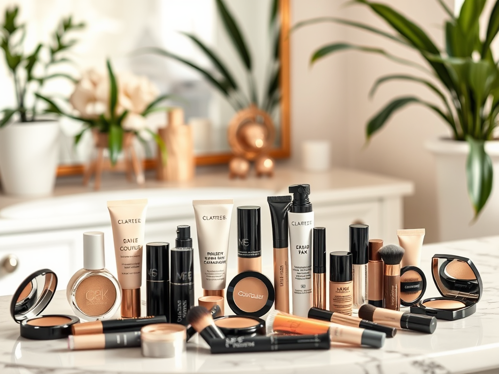 A variety of makeup products, including foundations, concealers, and brushes, arranged on a vanity table.