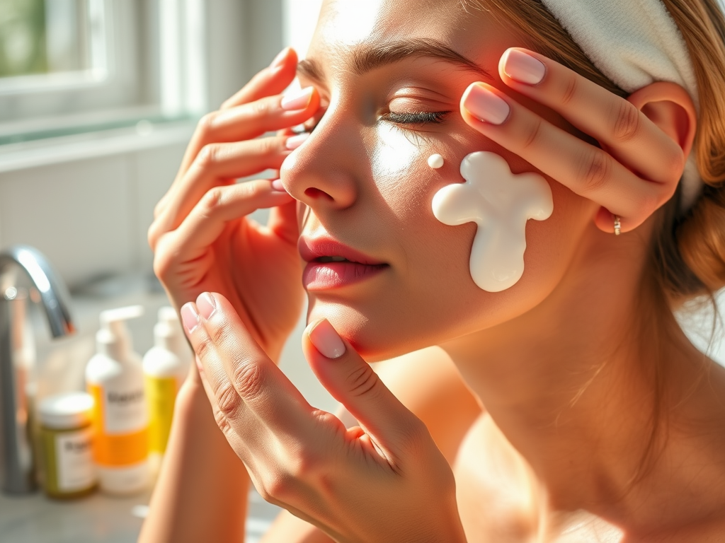 A woman applies a creamy skincare product to her cheek in a bright bathroom setting, focused and serene.