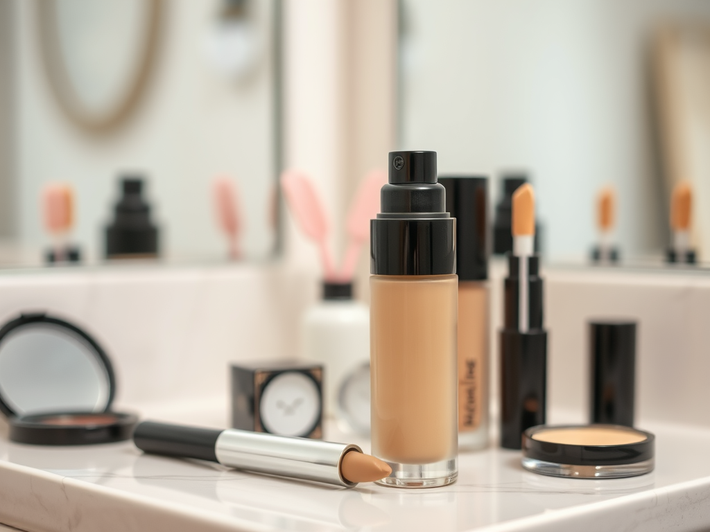 A collection of various makeup products arranged on a bathroom counter, featuring foundations and lipsticks.