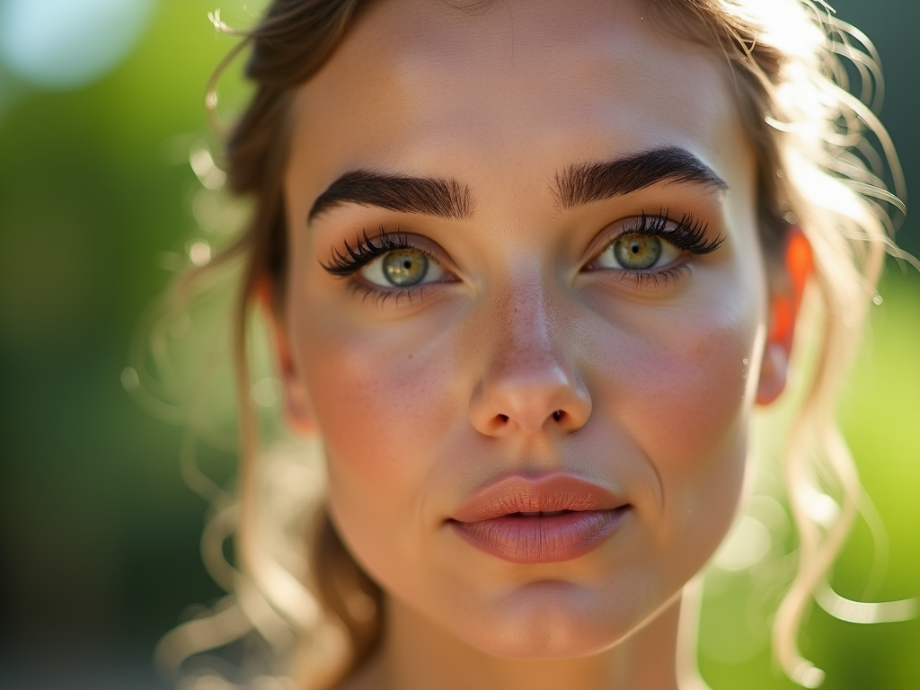 Close-up of a young woman with striking green eyes and detailed makeup, highlighted by natural light.