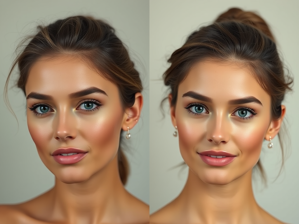 A close-up of a young woman with glowing skin, bright blue eyes, and natural makeup, showcasing a soft smile.