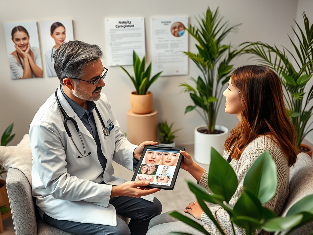 A doctor shows a woman images on a tablet in a cozy clinic filled with plants and medical posters.