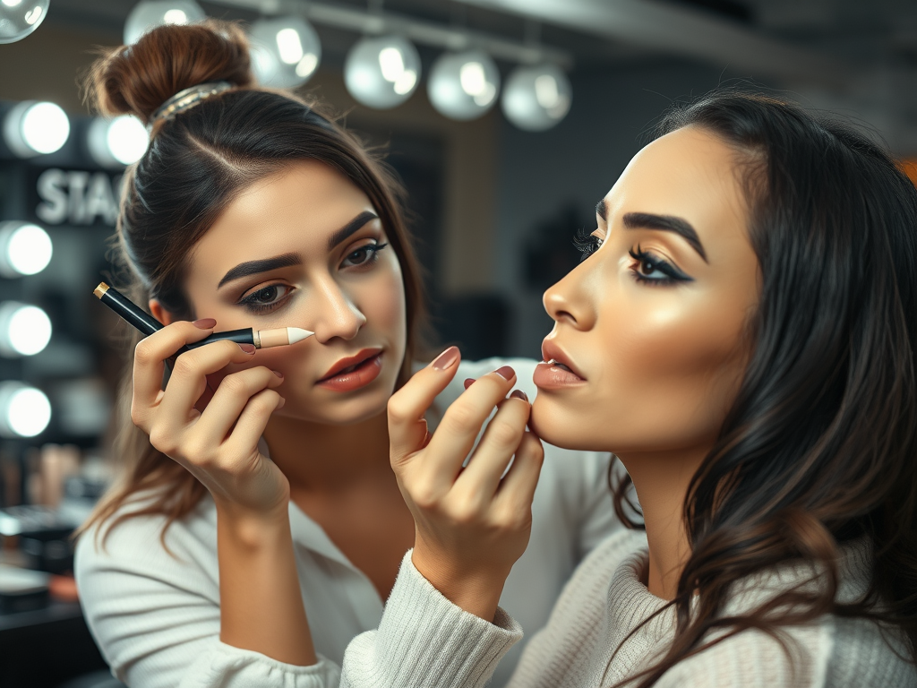 Two women are applying makeup to each other in a well-lit beauty salon, focusing on enhancing their features.