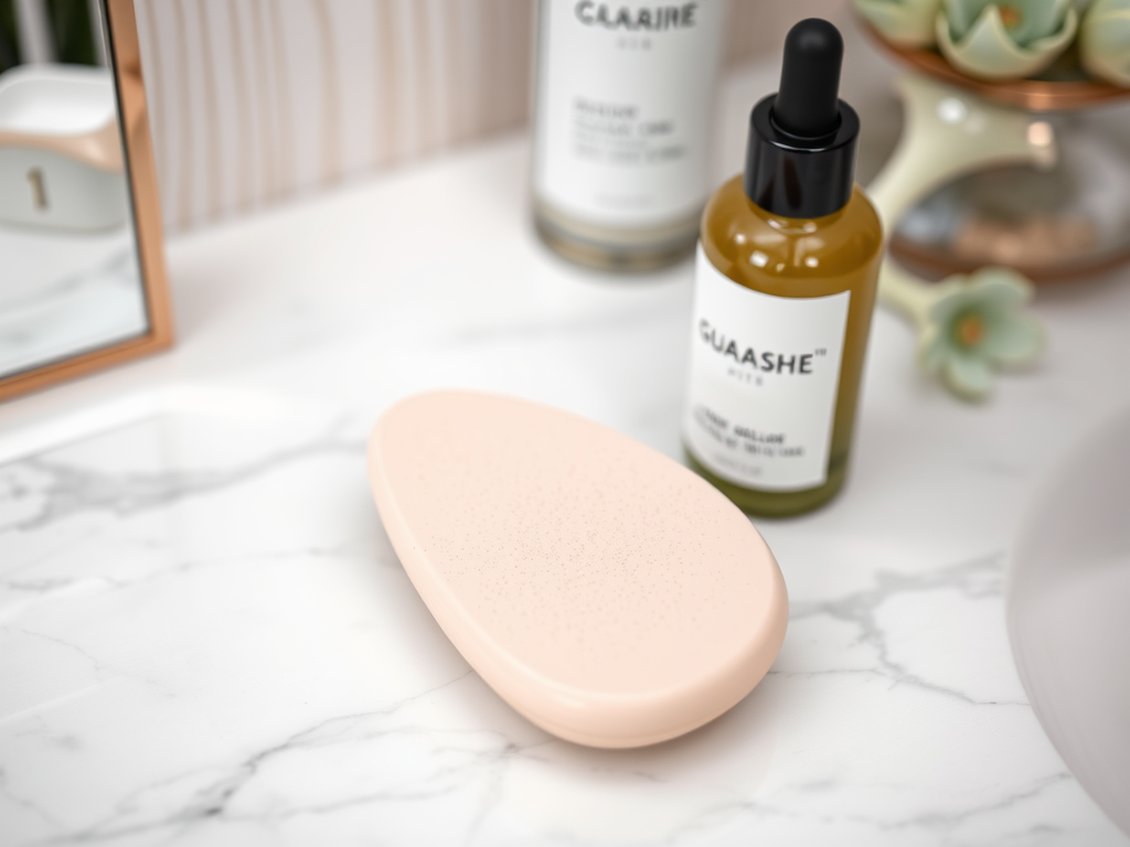 A peach-colored gua sha tool rests on a marble countertop next to skincare products and a mirror.