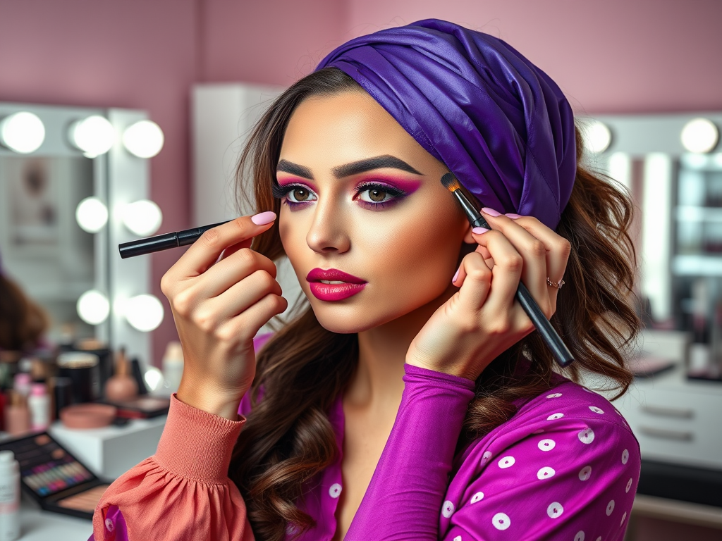 A woman applies makeup in a brightly lit vanity space, wearing a purple headwrap and a vibrant pink outfit.