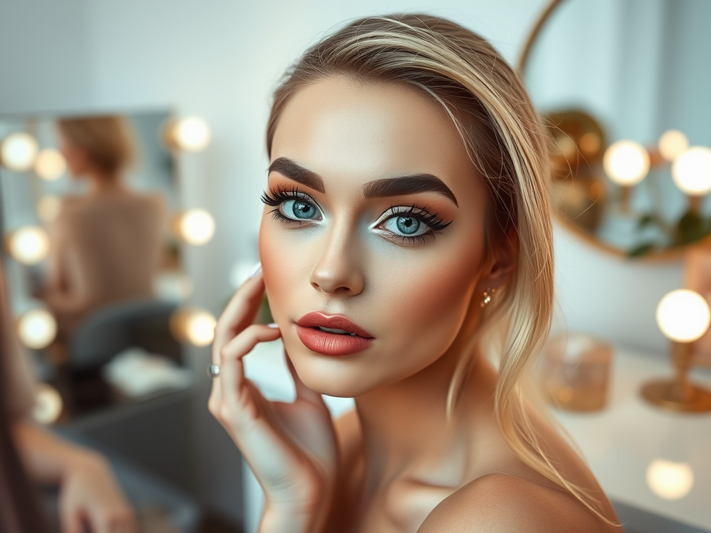 A close-up of a young woman with striking makeup, soft lighting, and a stylish vanity in the background.