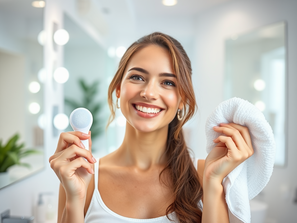 A smiling young woman holds a skincare tool in one hand and a towel in the other, standing in a bright bathroom.