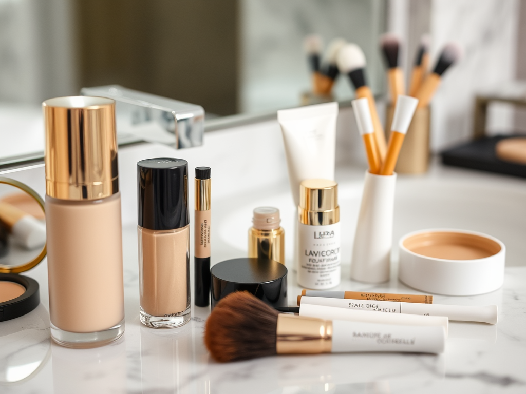 A stylish makeup arrangement on a marble surface, featuring various foundation bottles, brushes, and skincare products.