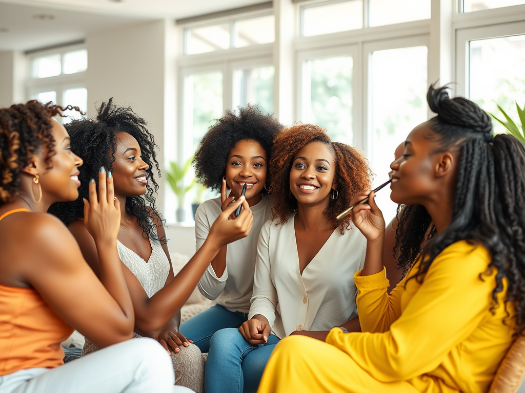 A group of five women enjoying a makeup session together, laughing and sharing beauty tips in a bright, cozy space.
