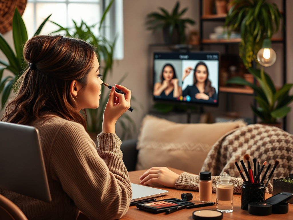 A woman applies makeup while attending a virtual call on her laptop, surrounded by beauty products and plants.