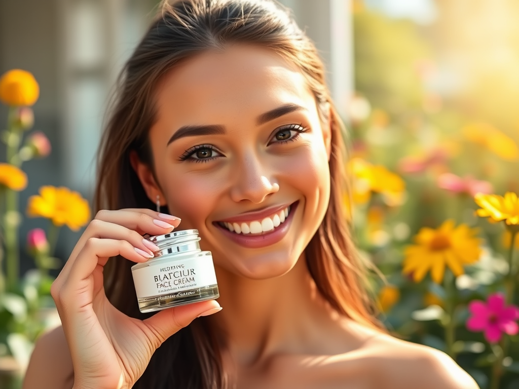 A smiling woman holds a jar of face cream, surrounded by vibrant flowers in soft sunlight.