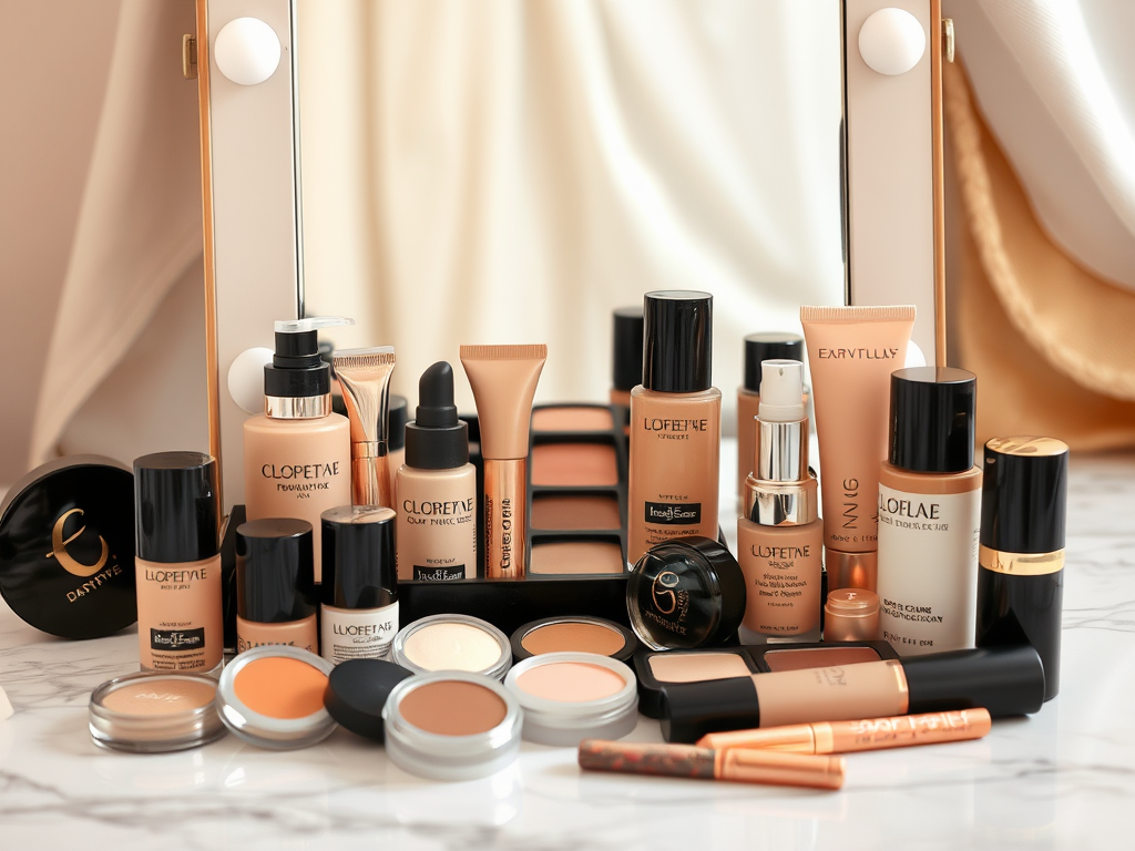 A variety of makeup products arranged in front of a mirror, featuring foundations, concealers, and lip products.