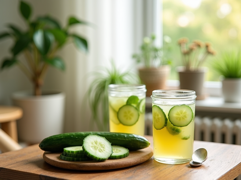 Two jars of cucumber water on a sunny table with sliced cucumbers and houseplants in the background.