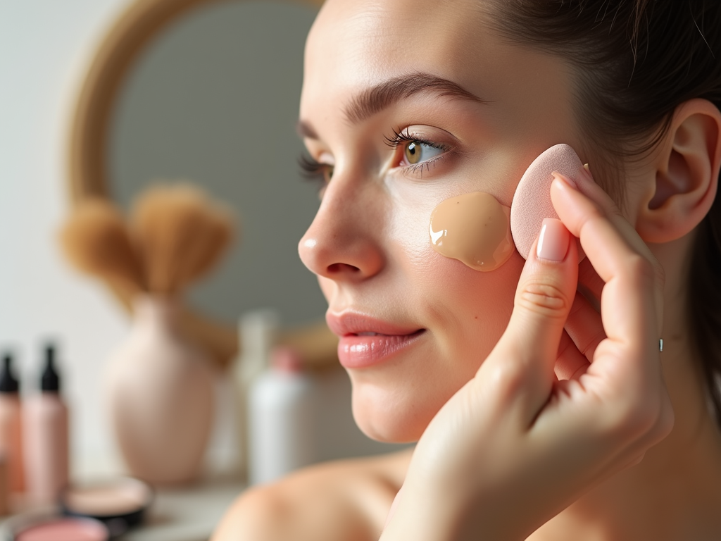 Woman applying foundation with a makeup sponge, looking in mirror; cosmetics visible in background.