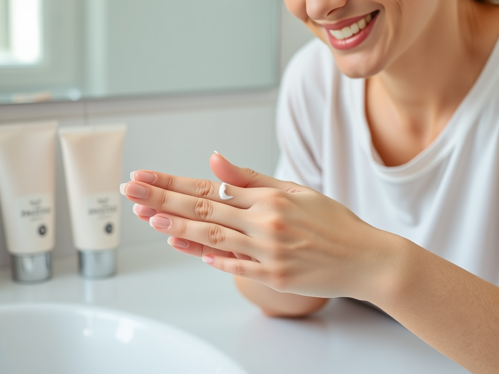 A smiling woman applies cream to her hands in a bright bathroom, with skincare products visible in the background.