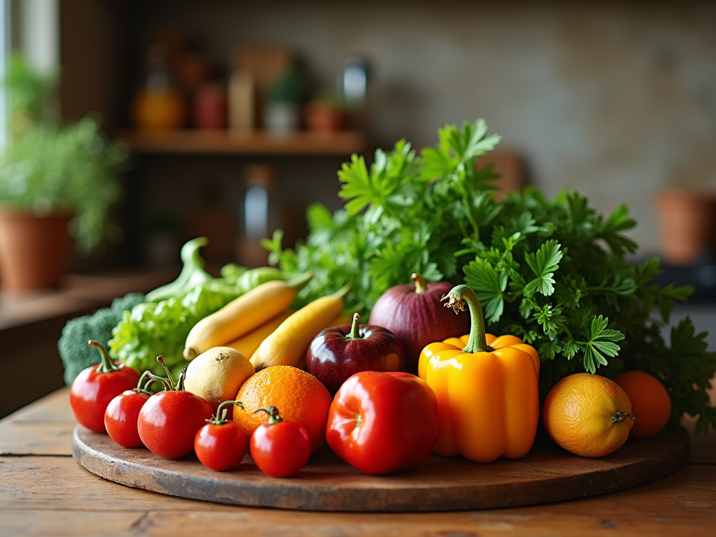 A vibrant display of fresh vegetables and fruit including tomatoes, peppers, and herbs on a wooden board in a kitchen.