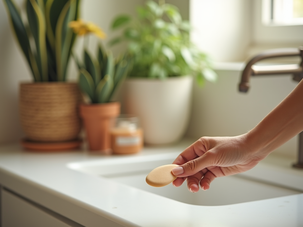 Hand holding a sponge over kitchen sink, with plants in the background.