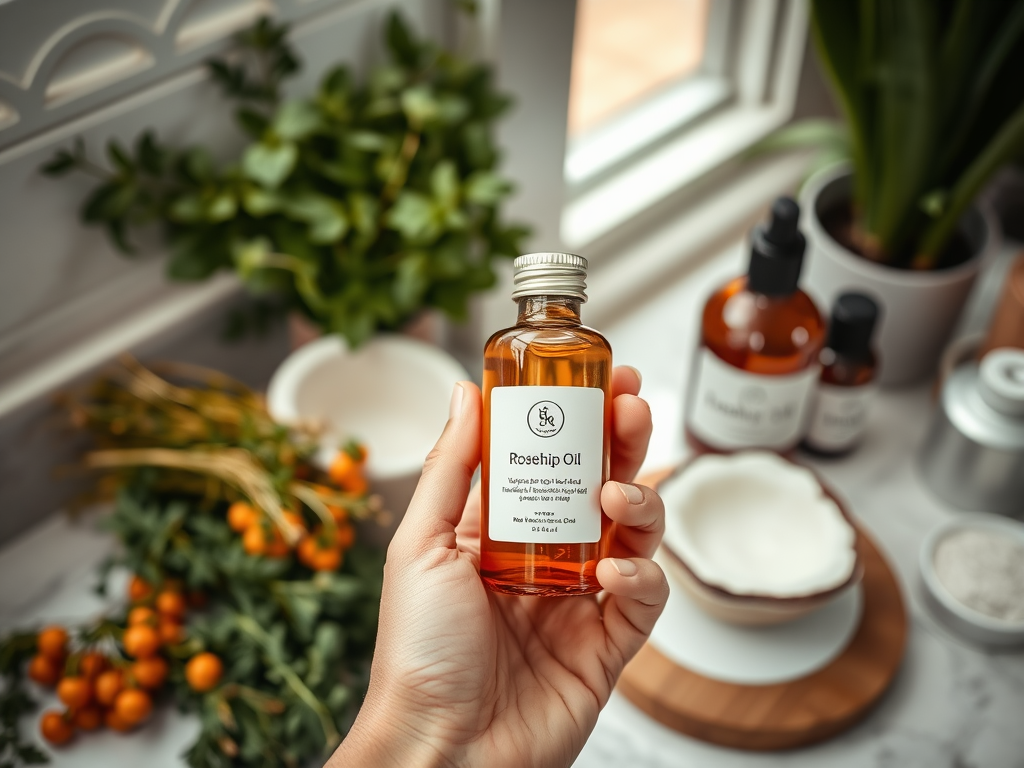 A person holding a bottle of rosehip oil, surrounded by fresh herbs and other cosmetic ingredients on a kitchen counter.