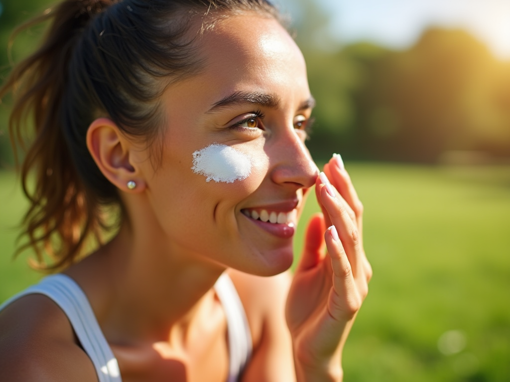 Smiling woman applying sunscreen on her face in sunny park.