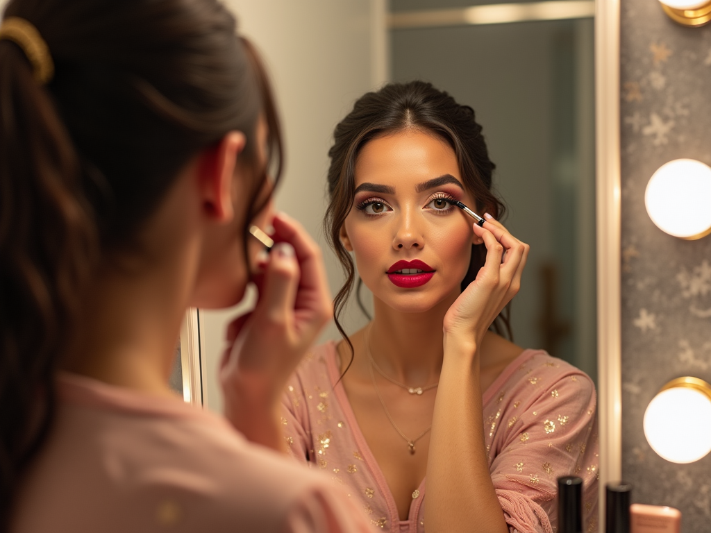 Woman applying eyeliner while looking in a mirror, surrounded by lights.