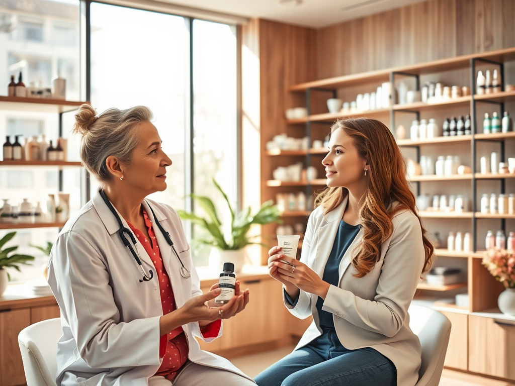 A doctor and a patient discuss skincare products in a well-lit clinic filled with beauty products on shelves.