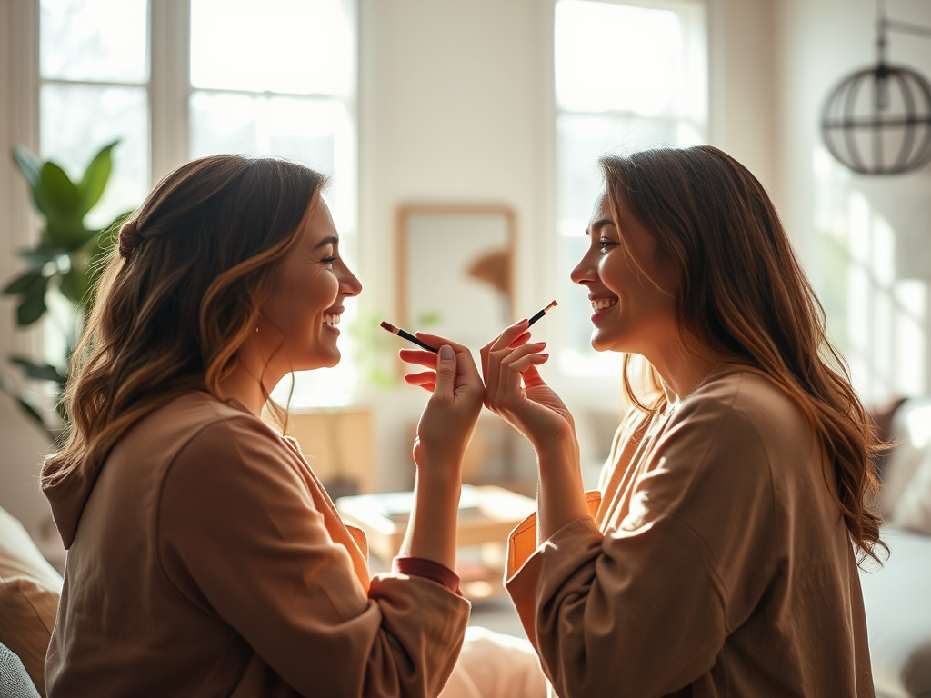Two women smiling at each other playfully, each holding a makeup brush in a cozy, sunlit room.