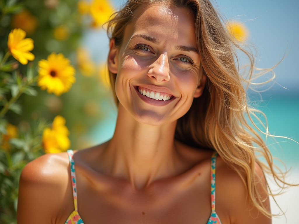 Woman smiling in a floral bikini with a backdrop of yellow flowers and a sunny beach scene.