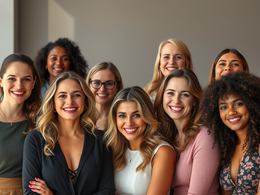 A diverse group of ten smiling women posing together in a bright, modern setting.
