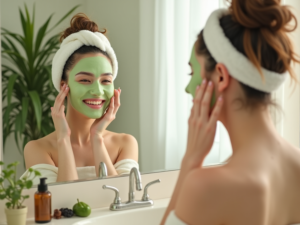 A woman in a towel applies a green facial mask, smiling at her reflection in a bathroom mirror.