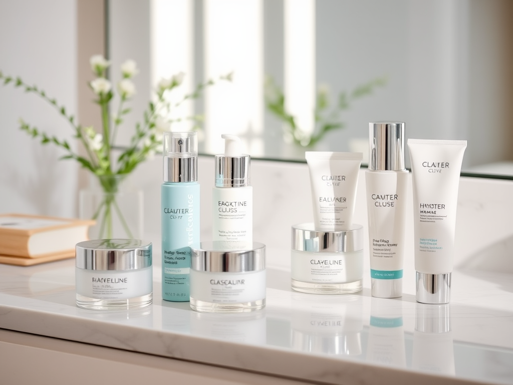 A collection of skincare products displayed on a marble countertop, with flowers and a book in the background.