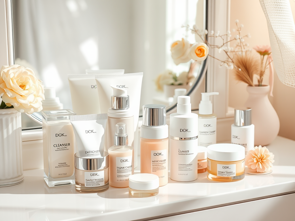 A collection of skincare products displayed on a vanity, featuring creams, serums, and cleansers alongside decorative flowers.