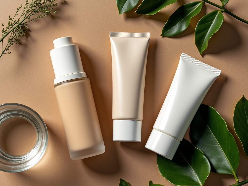 Three skincare products with green leaves on a beige background.